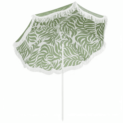 Guarda-sol de praia com franjas, Ø180 cm, altura ajustável, inclinação, âncora, resistente à areia e com bolsa de transporte, proteção UPF30+, verde.