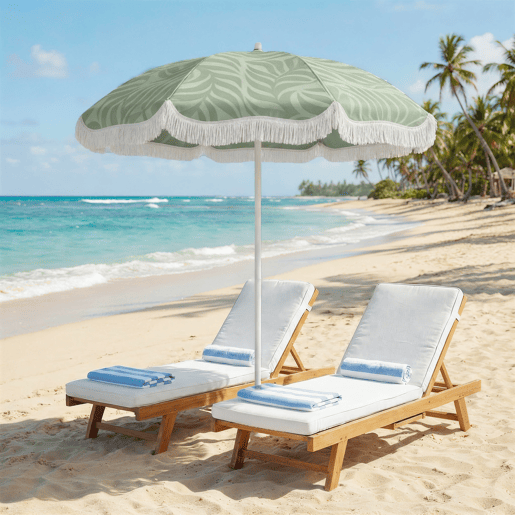 Guarda-sol de praia com franjas, Ø180 cm, altura ajustável, inclinação, âncora, resistente à areia e com bolsa de transporte, proteção UPF30+, verde.