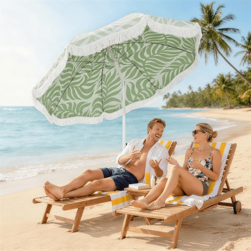 Guarda-sol de praia com franjas, Ø180 cm, altura ajustável, inclinação, âncora, resistente à areia e com bolsa de transporte, proteção UPF30+, verde.