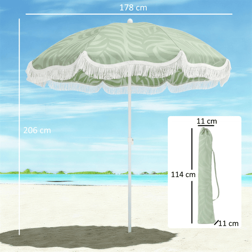 Guarda-sol de praia com franjas, Ø180 cm, altura ajustável, inclinação, âncora, resistente à areia e com bolsa de transporte, proteção UPF30+, verde.