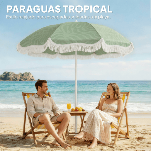 Guarda-sol de praia com franjas, Ø180 cm, altura ajustável, inclinação, âncora, resistente à areia e com bolsa de transporte, proteção UPF30+, verde.