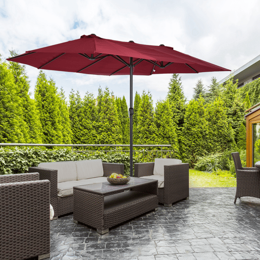 Guarda-sol duplo de jardim 455x265x238 cm, grande, com manivela manual, proteção solar, cor vinho. Guarda-sol duplo de jardim 455x265x238 cm, grande, com manivela manual, proteção solar, cor vinho.