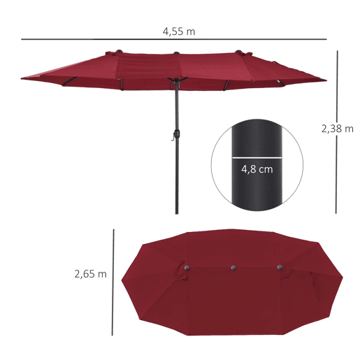 Guarda-sol duplo de jardim 455x265x238 cm, grande, com manivela manual, proteção solar, cor vinho. Guarda-sol duplo de jardim 455x265x238 cm, grande, com manivela manual, proteção solar, cor vinho.