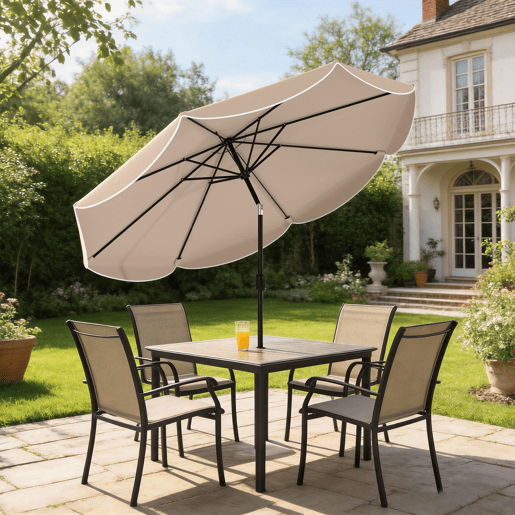 Guarda-sol para pátio externo Ø2,7 m com inclinação ajustável em 3 posições, manivela e alça, cor cáqui. Guarda-sol para pátio externo Ø2,7 m com inclinação ajustável em 3 posições, manivela e alça, cor cáqui.