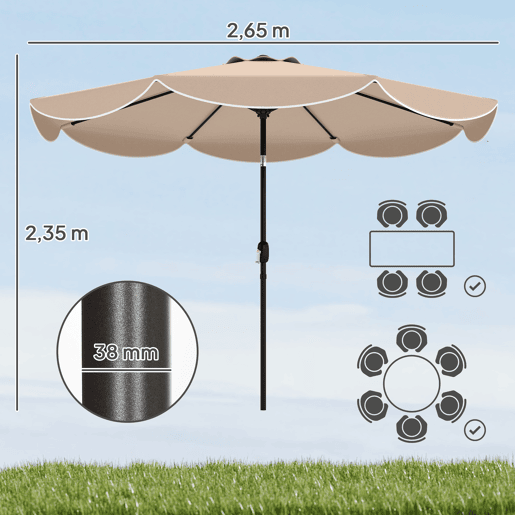 Guarda-sol para pátio externo Ø2,7 m com inclinação ajustável em 3 posições, manivela e alça, cor cáqui. Guarda-sol para pátio externo Ø2,7 m com inclinação ajustável em 3 posições, manivela e alça, cor cáqui.