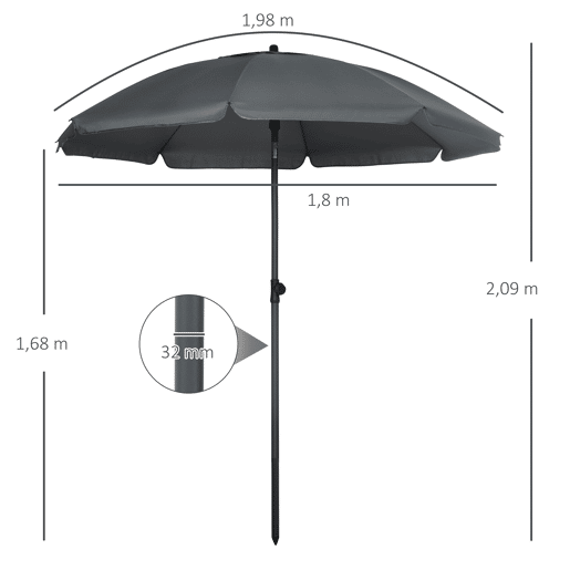 Guarda-sol de praia com proteção UV50+, haste de 32 mm de diâmetro e cobertura ajustável de 180 x 209 cm, cinza escuro. Guarda-sol de praia com proteção UV50+, haste de 32 mm de diâmetro e cobertura ajustável de 180 x 209 cm, cinza escuro.