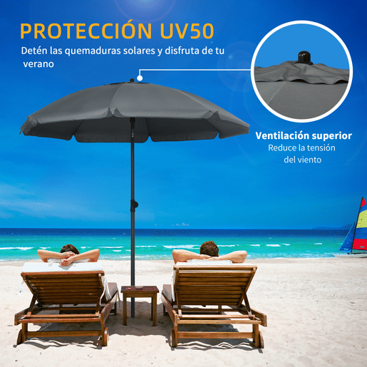 Guarda-sol de praia com proteção UV50+, haste de 32 mm de diâmetro e cobertura ajustável de 180 x 209 cm, cinza escuro. Guarda-sol de praia com proteção UV50+, haste de 32 mm de diâmetro e cobertura ajustável de 180 x 209 cm, cinza escuro.