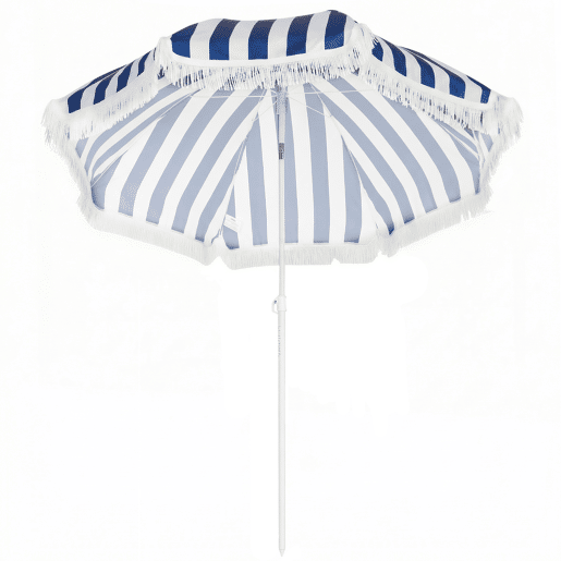 Guarda-sol de praia com franjas, Ø180 cm, para uso externo, com altura ajustável e inclinação de 30°, nas cores azul e branca. Guarda-sol de praia com franjas, Ø180 cm, para uso externo, com altura ajustável e inclinação de 30°, nas cores azul e branca.