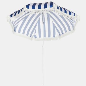 Guarda-sol de praia com franjas, Ø180 cm, para uso externo, com altura ajustável e inclinação de 30°, nas cores azul e branca.