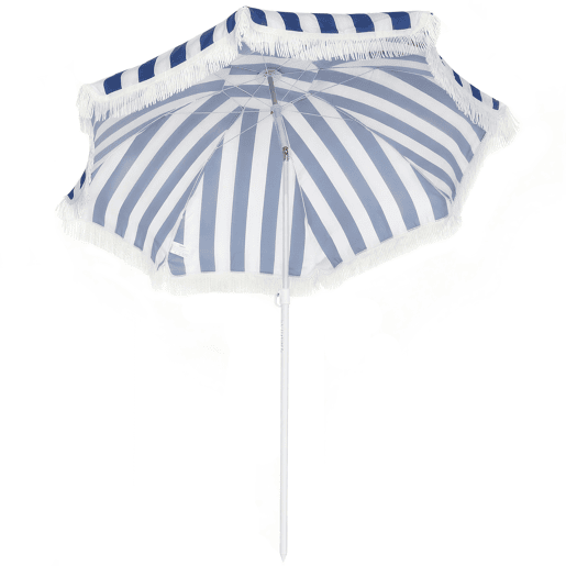Guarda-sol de praia com franjas, Ø180 cm, para uso externo, com altura ajustável e inclinação de 30°, nas cores azul e branca. Guarda-sol de praia com franjas, Ø180 cm, para uso externo, com altura ajustável e inclinação de 30°, nas cores azul e branca.