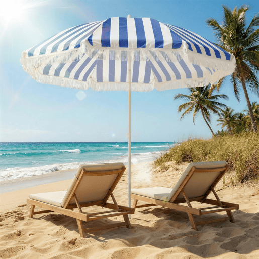 Guarda-sol de praia com franjas, Ø180 cm, para uso externo, com altura ajustável e inclinação de 30°, nas cores azul e branca. Guarda-sol de praia com franjas, Ø180 cm, para uso externo, com altura ajustável e inclinação de 30°, nas cores azul e branca.