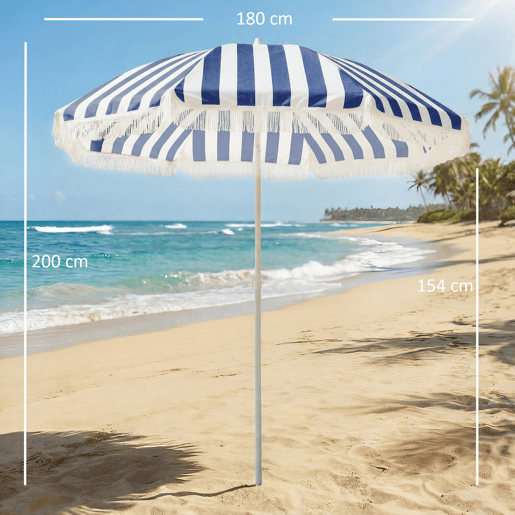 Guarda-sol de praia com franjas, Ø180 cm, para uso externo, com altura ajustável e inclinação de 30°, nas cores azul e branca. Guarda-sol de praia com franjas, Ø180 cm, para uso externo, com altura ajustável e inclinação de 30°, nas cores azul e branca.