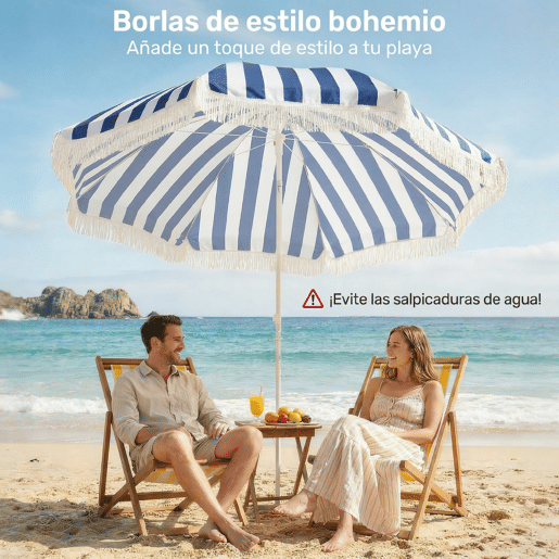 Guarda-sol de praia com franjas, Ø180 cm, para uso externo, com altura ajustável e inclinação de 30°, nas cores azul e branca. Guarda-sol de praia com franjas, Ø180 cm, para uso externo, com altura ajustável e inclinação de 30°, nas cores azul e branca.