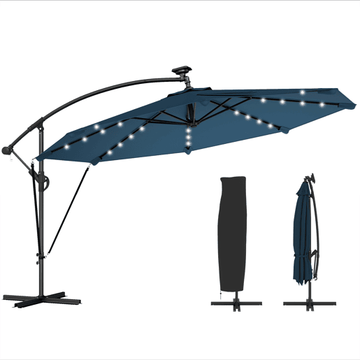 Guarda-sol de jardim em alumÃnio com base cruzada e luzes LED solares, diâmetro de 345 cm, com manivela e cobertura azul. Guarda-sol de jardim em alumÃnio com base cruzada e luzes LED solares, diâmetro de 345 cm, com manivela e cobertura azul.
