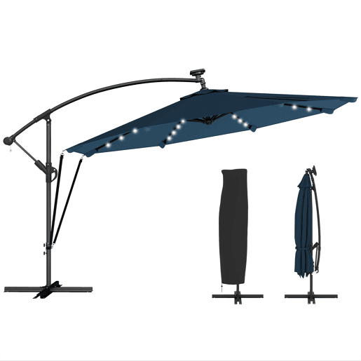 Guarda-sol de jardim em alumÃnio com base cruzada e luzes LED solares, diâmetro de 345 cm, com manivela e cobertura azul. Guarda-sol de jardim em alumÃnio com base cruzada e luzes LED solares, diâmetro de 345 cm, com manivela e cobertura azul.