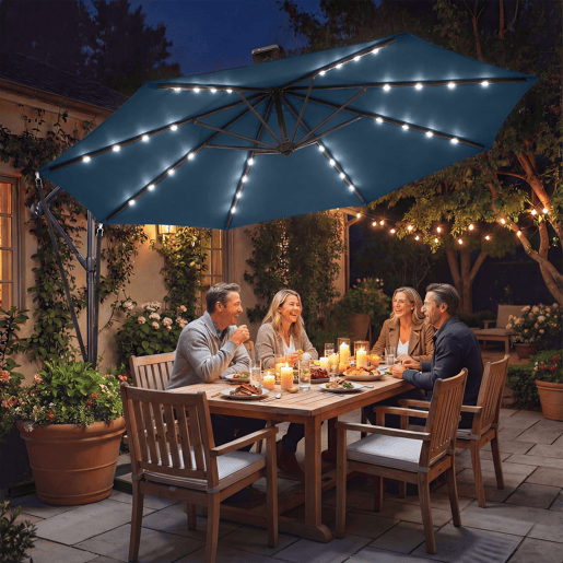 Guarda-sol de jardim em alumÃnio com base cruzada e luzes LED solares, diâmetro de 345 cm, com manivela e cobertura azul. Guarda-sol de jardim em alumÃnio com base cruzada e luzes LED solares, diâmetro de 345 cm, com manivela e cobertura azul.
