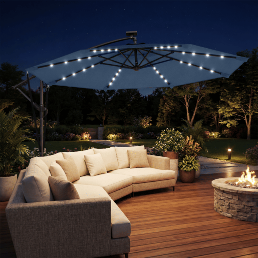 Guarda-sol de jardim em alumÃnio com base cruzada e luzes LED solares, diâmetro de 345 cm, com manivela e cobertura azul. Guarda-sol de jardim em alumÃnio com base cruzada e luzes LED solares, diâmetro de 345 cm, com manivela e cobertura azul.