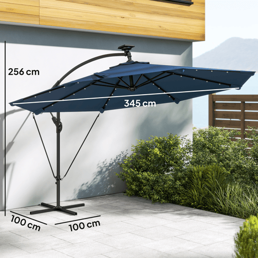 Guarda-sol de jardim em alumÃnio com base cruzada e luzes LED solares, diâmetro de 345 cm, com manivela e cobertura azul. Guarda-sol de jardim em alumÃnio com base cruzada e luzes LED solares, diâmetro de 345 cm, com manivela e cobertura azul.