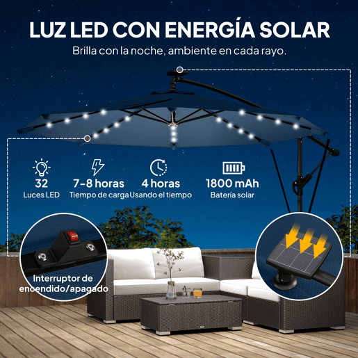 Guarda-sol de jardim em alumÃnio com base cruzada e luzes LED solares, diâmetro de 345 cm, com manivela e cobertura azul. Guarda-sol de jardim em alumÃnio com base cruzada e luzes LED solares, diâmetro de 345 cm, com manivela e cobertura azul.