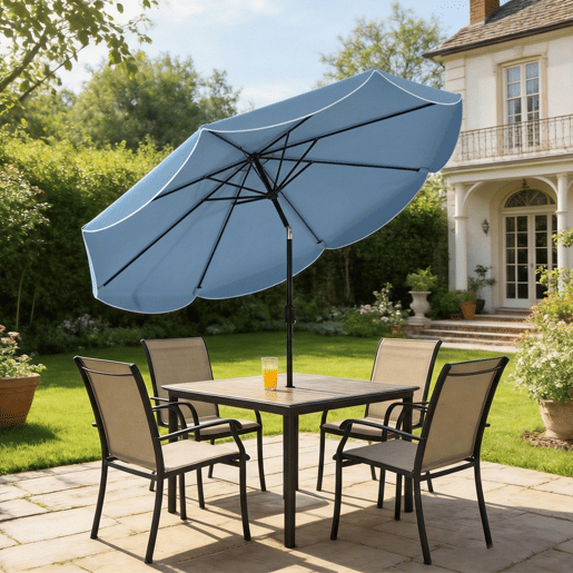 Guarda-sol de pátio externo Ø2,7 m com inclinação ajustável em 3 posições por manivela e volante, azul claro. Guarda-sol de pátio externo Ø2,7 m com inclinação ajustável em 3 posições por manivela e volante, azul claro.