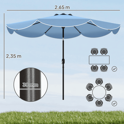 Guarda-sol de pátio externo Ø2,7 m com inclinação ajustável em 3 posições por manivela e volante, azul claro. Guarda-sol de pátio externo Ø2,7 m com inclinação ajustável em 3 posições por manivela e volante, azul claro.