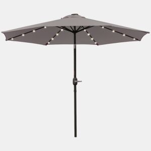 Guarda-sol de jardim para pátio externo, Ø265 cm, com 32 luzes solares de LED, mastro de aço e manivela, inclinável, cinza.