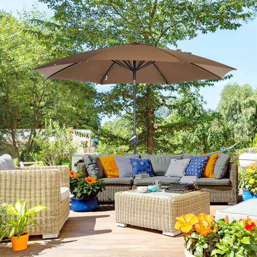 Guarda-sol de jardim com manivela e cobertura inclinável para pátio, terraço e área externa, Ø300x252 cm, marrom Guarda-sol de jardim com manivela e cobertura inclinável para pátio, terraço e área externa, Ø300x252 cm, marrom