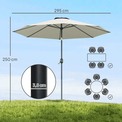 Guarda-sol de jardim Ø295x250 cm com manivela, guarda-sol externo com mecanismo de inclinação e mastro de metal removível para terraço, piscina e pátio, cinza claro. Guarda-sol de jardim Ø295x250 cm com manivela, guarda-sol externo com mecanismo de inclinação e mastro de metal removível para terraço, piscina e pátio, cinza claro.