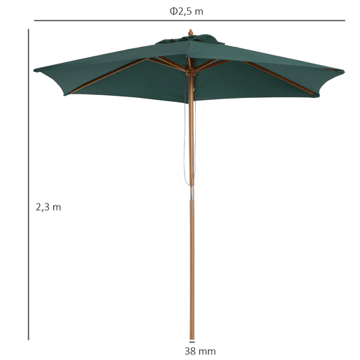 Guarda-sol de madeira Ø250x230cm para uso externo com 6 varetas e sistema de polia, verde Guarda-sol de madeira Ø250x230cm para uso externo com 6 varetas e sistema de polia, verde