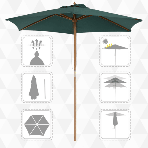 Guarda-sol de madeira Ø250x230cm para uso externo com 6 varetas e sistema de polia, verde Guarda-sol de madeira Ø250x230cm para uso externo com 6 varetas e sistema de polia, verde