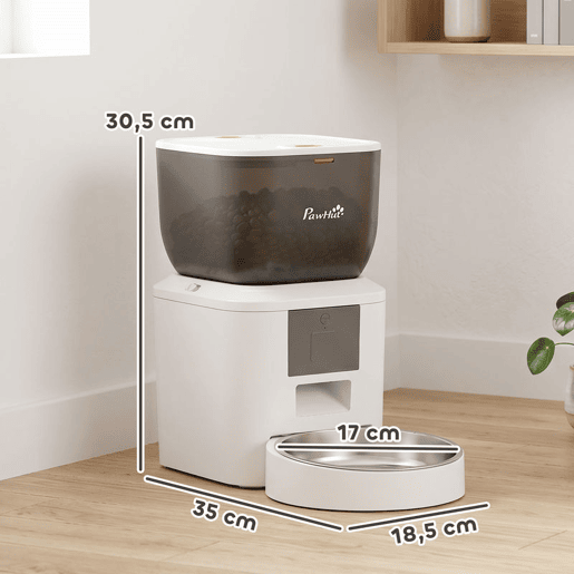PawHut Alimentador Automático 4L WiFi 2.4G, Dispensador de Ração para Gato e Cão com App, 2 Tigelas, 1-10 Refeições por Dia, Gravação de Voz 10s, Anti-Entupimento, Dupla Fonte de Energia, Limpeza Fácil