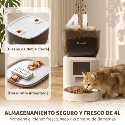 PawHut Alimentador Automático 4L WiFi 2.4G, Dispensador de Ração para Gato e Cão com App, 2 Tigelas, 1-10 Refeições por Dia, Gravação de Voz 10s, Anti-Entupimento, Dupla Fonte de Energia, Limpeza Fácil