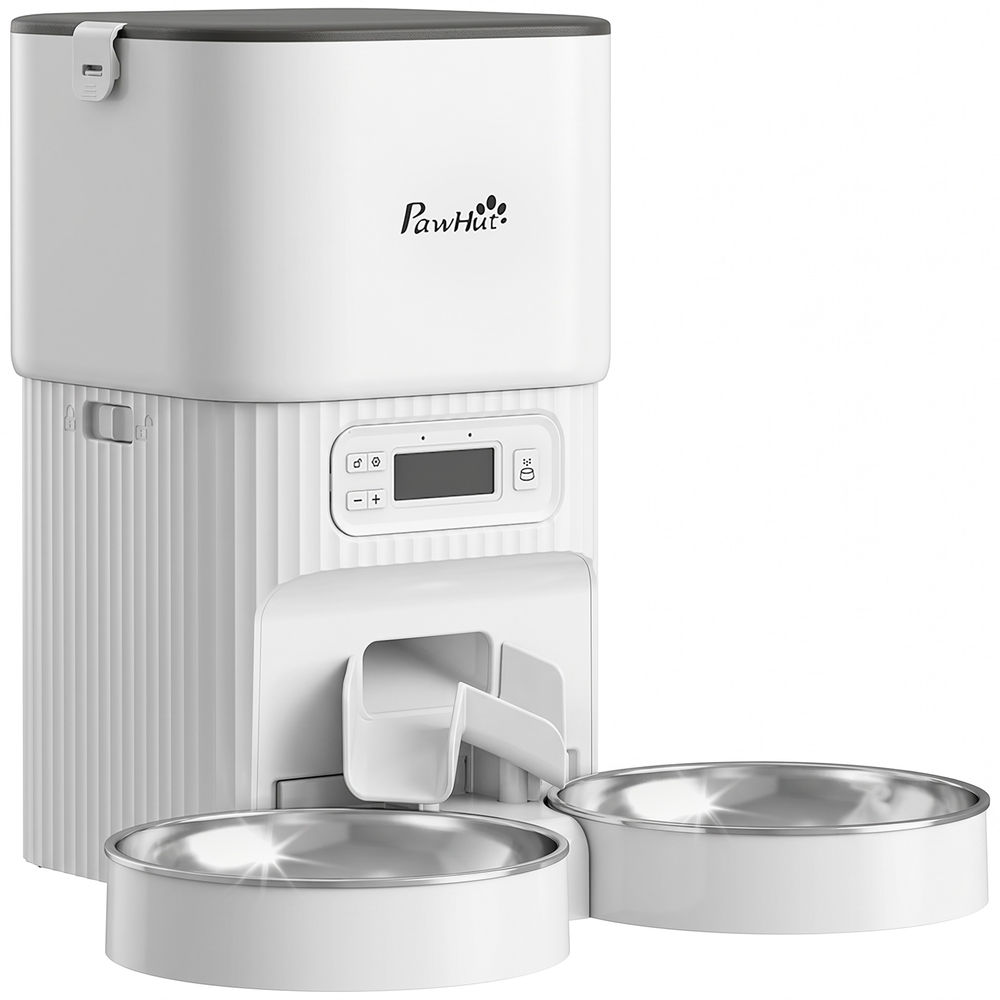 Pawhut comedero gato automático 4l, dispensador comida para gatos/perros con 1-6 comidas al día, 2 cuencos de acero inoxidable, antiatascos, 2 fuentes de alimentación, fácil de limpiar, blanco