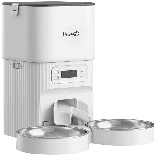 PawHut Alimentador Automático para Gato 4L, Dispensador de Comida para GatosCães com 1-6 Refeições por Dia, 2 Tigelas de Aço Inoxidável, Antiobstruções, 2 Fontes de Energia, Fácil de Limpar, Branco