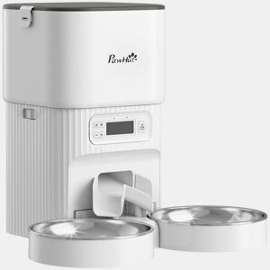 PawHut Alimentador Automático para Gato 4L, Dispensador de Comida para GatosCães com 1-6 Refeições por Dia, 2 Tigelas de Aço Inoxidável, Antiobstruções, 2 Fontes de Energia, Fácil de Limpar, Branco