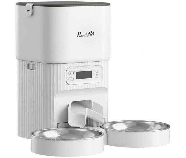 Pawhut comedero gato automático 4l, dispensador comida para gatos/perros con 1-6 comidas al día, 2 cuencos de acero inoxidable, antiatascos, 2 fuentes de alimentación, fácil de limpiar, blanco