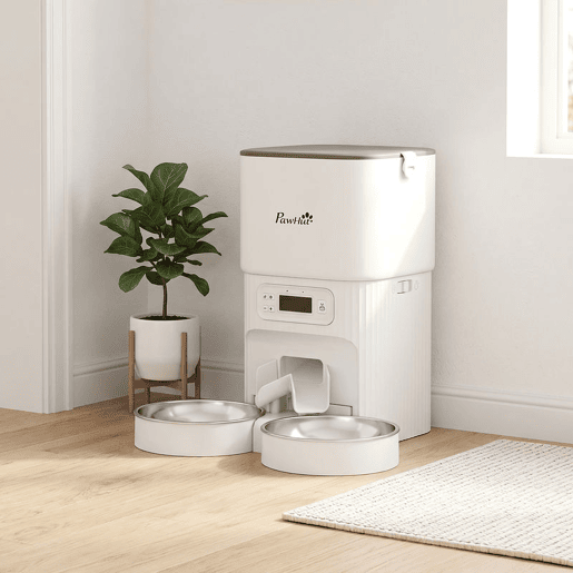 PawHut Alimentador Automático para Gato 4L, Dispensador de Comida para GatosCães com 1-6 Refeições por Dia, 2 Tigelas de Aço Inoxidável, Antiobstruções, 2 Fontes de Energia, Fácil de Limpar, Branco