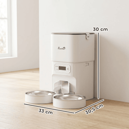 PawHut Alimentador Automático para Gato 4L, Dispensador de Comida para GatosCães com 1-6 Refeições por Dia, 2 Tigelas de Aço Inoxidável, Antiobstruções, 2 Fontes de Energia, Fácil de Limpar, Branco