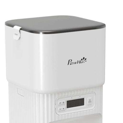 PawHut Alimentador Automático para Gato 4L, Dispensador de Comida para GatosCães com 1-6 Refeições por Dia, 2 Tigelas de Aço Inoxidável, Antiobstruções, 2 Fontes de Energia, Fácil de Limpar, Branco