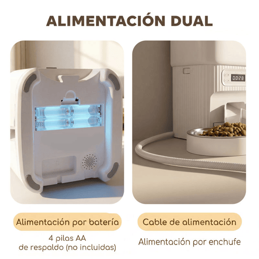 PawHut Alimentador Automático para Gato 4L, Dispensador de Comida para GatosCães com 1-6 Refeições por Dia, 2 Tigelas de Aço Inoxidável, Antiobstruções, 2 Fontes de Energia, Fácil de Limpar, Branco
