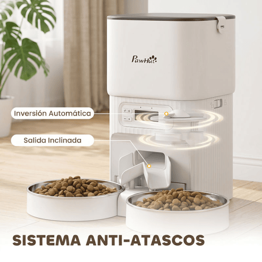 PawHut Alimentador Automático para Gato 4L, Dispensador de Comida para GatosCães com 1-6 Refeições por Dia, 2 Tigelas de Aço Inoxidável, Antiobstruções, 2 Fontes de Energia, Fácil de Limpar, Branco