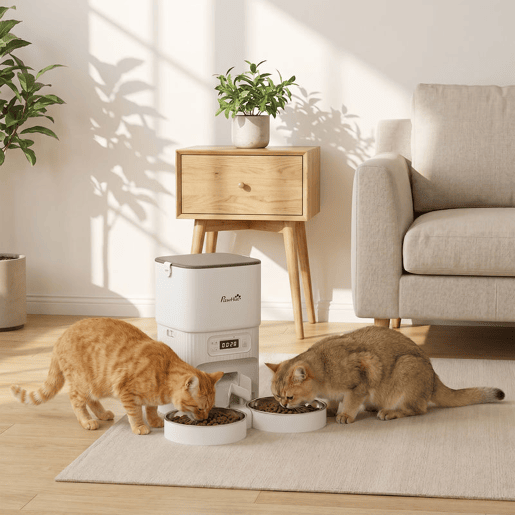 PawHut Alimentador Automático para Gato 4L, Dispensador de Comida para GatosCães com 1-6 Refeições por Dia, 2 Tigelas de Aço Inoxidável, Antiobstruções, 2 Fontes de Energia, Fácil de Limpar, Branco