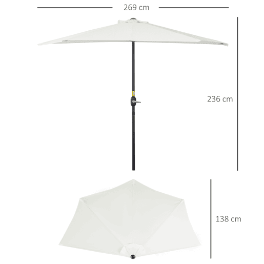 Guarda-sol de jardim 269x138x236 cm com manivela e formato semicircular, tecido de poliéster 180 gm² para terraço, pátio e piscina, cor creme. Guarda-sol de jardim 269x138x236 cm com manivela e formato semicircular, tecido de poliéster 180 gm² para terraço, pátio e piscina, cor creme.