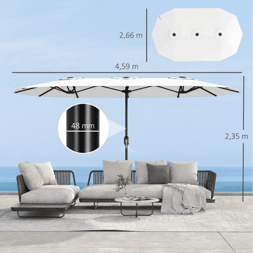Guarda-sol duplo de jardim 4,6 x 2,6 m com manivela manual, proteção UV50+ e capa resistente à água, branco. Guarda-sol duplo de jardim 4,6 x 2,6 m com manivela manual, proteção UV50+ e capa resistente à água, branco.