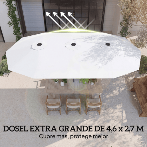 Guarda-sol duplo de jardim 4,6 x 2,6 m com manivela manual, proteção UV50+ e capa resistente à água, branco. Guarda-sol duplo de jardim 4,6 x 2,6 m com manivela manual, proteção UV50+ e capa resistente à água, branco.