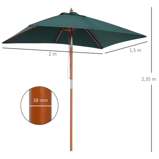Guarda-sol retangular para jardim, 200x150 cm, com haste de madeira ajustável e manivela, ideal para terraços e varandas. Cor verde. Guarda-sol retangular para jardim, 200x150 cm, com haste de madeira ajustável e manivela, ideal para terraços e varandas. Cor verde.