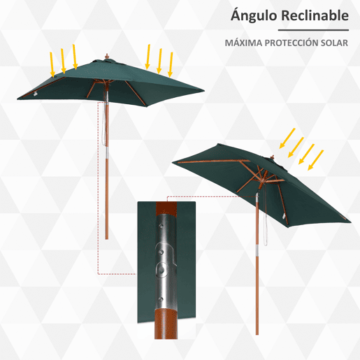 Guarda-sol retangular para jardim, 200x150 cm, com haste de madeira ajustável e manivela, ideal para terraços e varandas. Cor verde. Guarda-sol retangular para jardim, 200x150 cm, com haste de madeira ajustável e manivela, ideal para terraços e varandas. Cor verde.