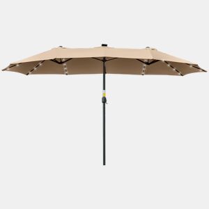 Guarda-sol duplo 450x265x240 cm com 48 luzes LED, manivela, proteção solar para terraço, varanda, piscina, cáqui.