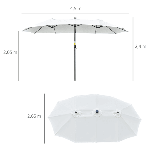 Guarda-sol duplo com 48 luzes LED, 4,5 x 2,65 m, manivela, proteção solar para terraço, jardim e piscina, cor creme.