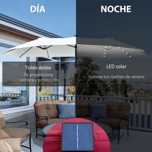 Guarda-sol duplo com 48 luzes LED, 4,5 x 2,65 m, manivela, proteção solar para terraço, jardim e piscina, cor creme.